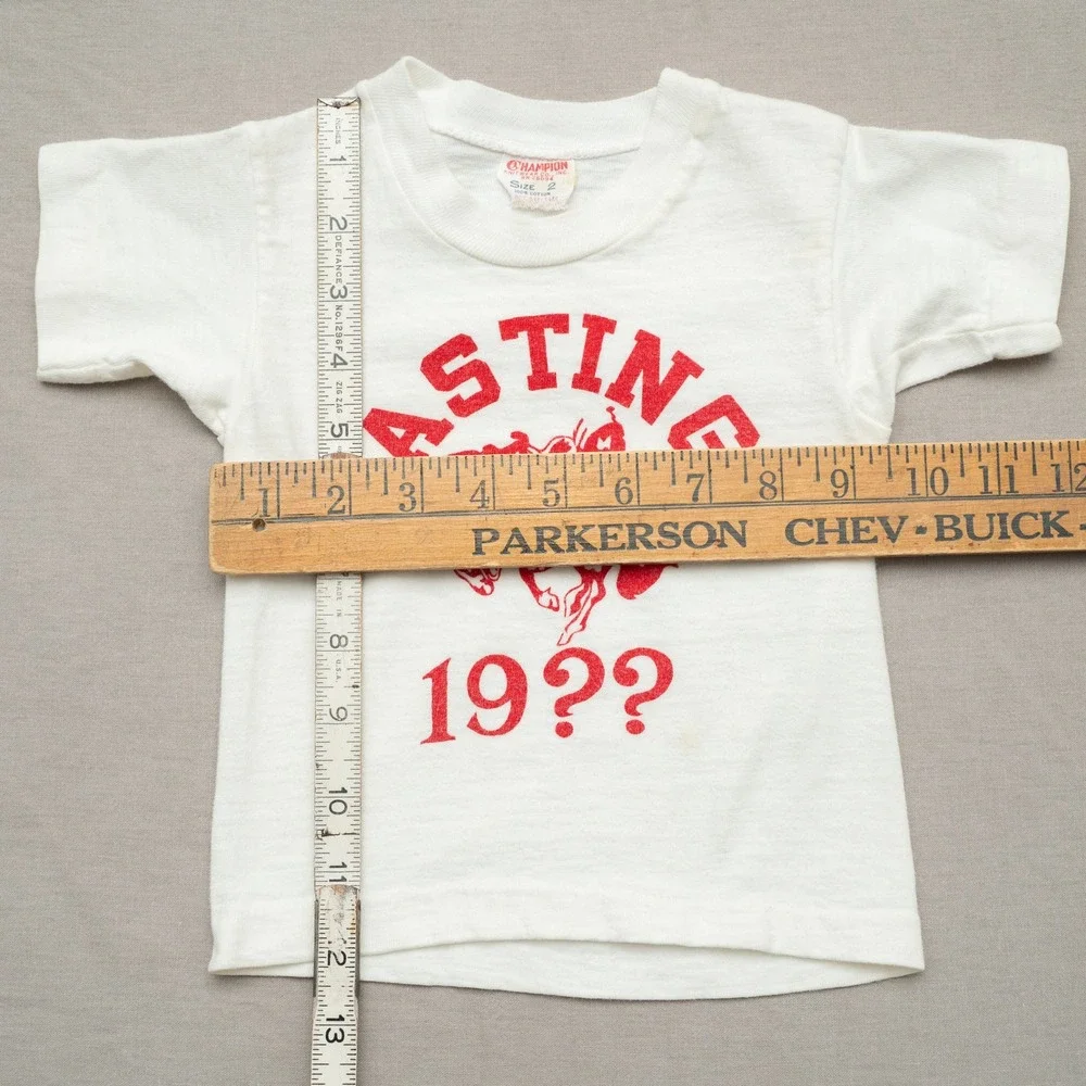 Vintage 60s Champion‎ Knitwear Running Man Hastings 19?? Horse Baby T Shirt